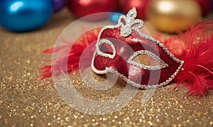 A group of Venetian or Mardi Gras masks on a dark, glittery surface with a bokeh light effect in the background.