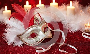 A group of Venetian or Mardi Gras masks on a dark, glittery surface with a bokeh light effect in the background.