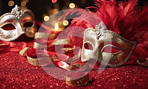 A group of Venetian or Mardi Gras masks on a dark, glittery surface with a bokeh light effect in the background.