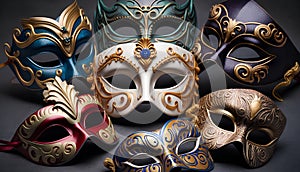 Group of Venetian masks on dark background. Carnival concept.