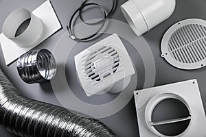 Group of ventilation system objects on gray