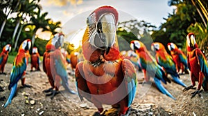 A group of vibrant parrots perched on a dirt field