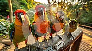 A group of vibrant parrots perched on top of each other, showcasing their colorful feathers and unique positions