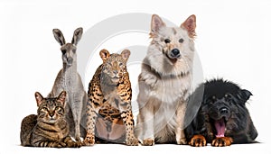 Group of Vibrant Wildlife Against a White Backdrop Exotic Creatures Basking in Striking Light at MidAfternoon