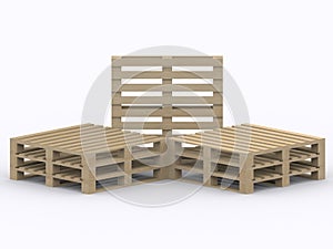 Group view of pallets of brown color on a white background