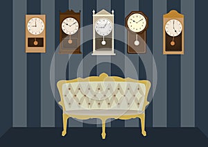 Group of vintage clocks with luxury armchair,Vector illustrations