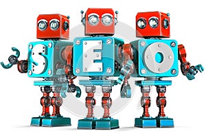 Group of vintage robots with SEO sign. SEO optimization concept. Isolated. Contains clipping path