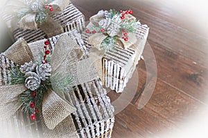 Group of vintage and rustic decorative Christmas gifts