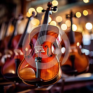 Group of violins sitting in room