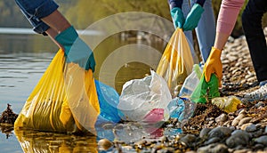 Group of volunteers picking up a bottle plastic in the lake, pollution and environment.