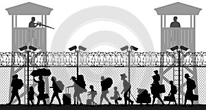 Group of walking refugees. Crowd migration. People behind barbed wire. State border checkpoint. Silhouette vector illustration