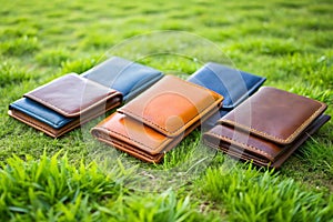 Group of Wallets on Green Grass