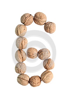 The group of walnuts on white background, making number 6. Studio shot