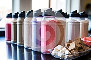 group of water bottles huddled around a protein shake