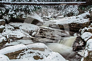 The group of waterfalls and cascades on the Cerna Desna River, close to Sous water reservoir,Jizera mountains,Czech Republic.Long