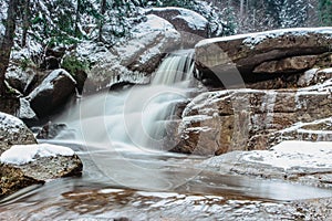 The group of waterfalls and cascades on the Cerna Desna River, close to Sous water reservoir,Jizera mountains,Czech Republic.Long