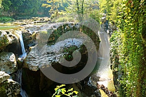 Group of Waterfalls in the Martvili Canyon Natural Monument, Inchkhuri Village near Kutaisi City of Georgia