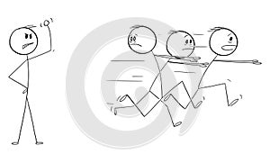 Group of Weak Men Running Away in Fear From Strong Person, Vector Cartoon Stick Figure Illustration