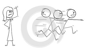 Group of Weak Men Running Away in Fear From Strong Woman, Vector Cartoon Stick Figure Illustration