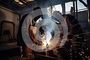 Group of welders in work clothes welding metal pipes, with bright sparks flying in the air