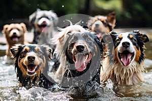 A group of wet and happy dogs with wagging tails after being washed, exuding joy and contentment. Generative AI