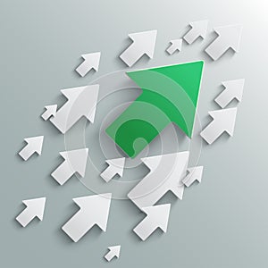 Group white arrows and one green directed upwards - vector photo