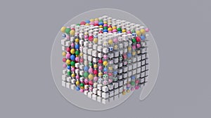 Group of white cubes and colorful balls morphing. Gray background. Abstract animation, 3d render.