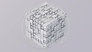 Group of white cubes and spheres morphing. White background. Abstract animation, 3d render.