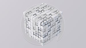 Group of white cubes and spheres. White background. Abstract illustration, 3d render