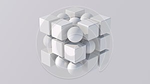 Group of white cubes and spheres. White background. Abstract illustration, 3d render