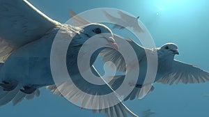 Group of White Doves Flying in Bright Blue Sky with Sunlight and Clouds