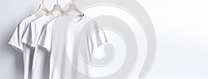 Group of white fashionable modern sports home t-shirts of classic design, white background. AI generated.