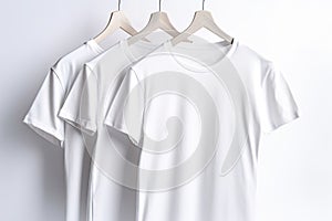 Group of white fashionable modern sports home t-shirts of classic design, white background. AI generated.