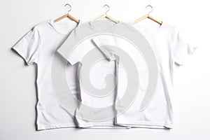 Group of white fashionable modern sports home t-shirts of classic design, white background. AI generated.