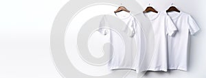 Group of white fashionable modern sports home t-shirts of classic design, white background. AI generated.