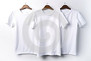 Group of white fashionable modern sports home t-shirts of classic design, white background. AI generated.