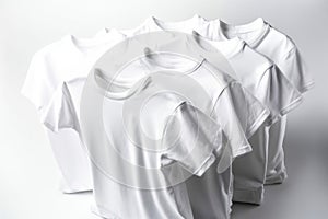 Group of white fashionable modern sports home t-shirts of classic design, white background. AI generated.