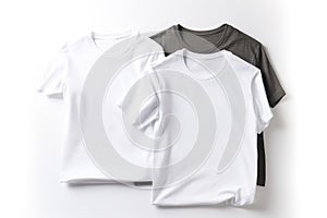 Group of white fashionable modern sports home t-shirts of classic design, white background. AI generated.