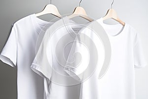 Group of white fashionable modern sports home t-shirts of classic design, white background. AI generated.