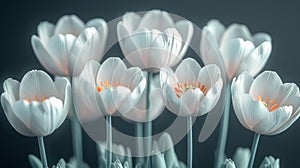 A group of white flowers with orange centers are shown, AI photo