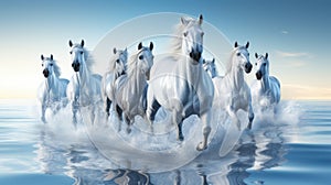 A group of white horses running across a body of water. Generative AI image.