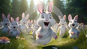 A group of white rabbits running through a field, AI