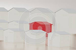 Group of white small houses  red roof model on white background,with business concept real estate competition, agents, insurance