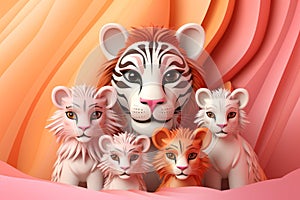 a group of white tiger cubs in front of a pink background