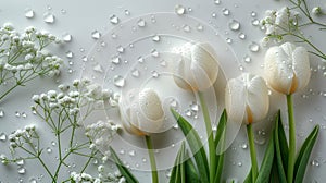 Group of White Tulips With Green Leaves