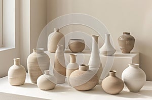 Group of White Vases on Table