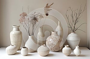 Group of White Vases on Table