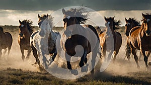 A group of wild horses galloping through dust under a dramatic sky