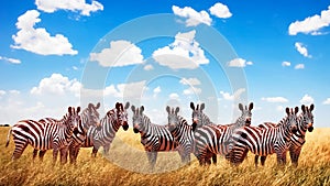 Group of wild zebras in the African savannah against the beautiful blue sky with white clouds. Wildlife of Africa. Tanzania.