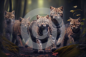group of wildcats hunting in the forest, their eyes darting and tails twitching